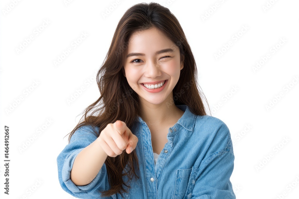 Smiling Woman Points Joyfully: A Cheerful Portrait Smiling Woman Points Joyfully: A Cheerful Portrait