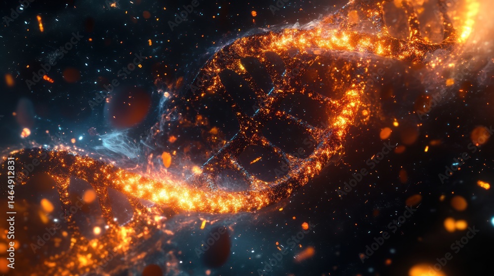 Fiery DNA handshake, cosmic background, science concept Fiery DNA handshake, cosmic background, science concept