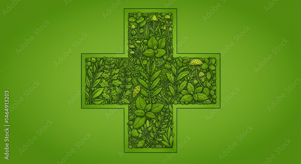 Obraz premium Green Cross Symbol with Leaf Pattern Background