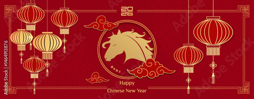 Chinese New Year 2026 design templates in red and gold colors for greeting card, poster, banner, cover. Hieroglyphics mean wishes of a Happy New Year and symbol of the Year of the Horse.