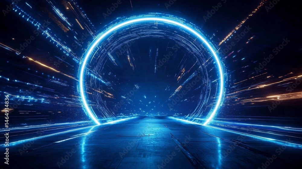Obraz premium Mesmerizing neon blue portal in an abstract futuristic setting.