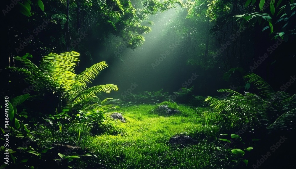 Fototapeta premium Discover the serene beauty of a foggy dark forest oasis.