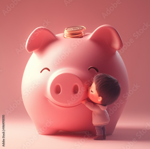 a boy hugs a large piggy bank, golden coin, saving finances