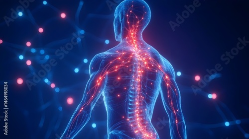Human body with glowing red pain points on neural pathways illustrating pain or nerve stimulation,