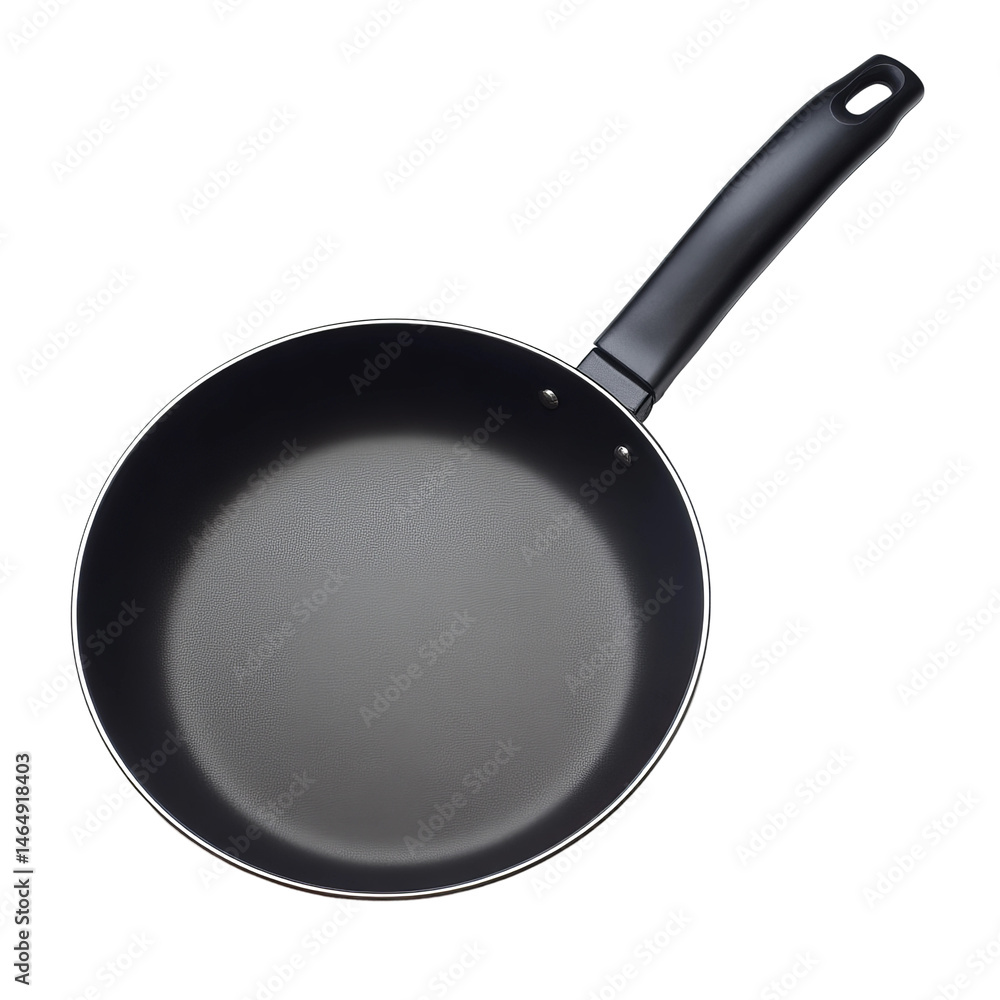A close-up of a black frying pan with a handle isolated against a plain background. The pan appears to be non-stick A close-up of a black frying pan with a handle isolated against a plain background. The pan appears to be non-stick