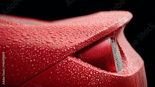 Sleek red sports car tail light drenched in shimmering raindrops, evoking the thrilling rush of International Racing Day