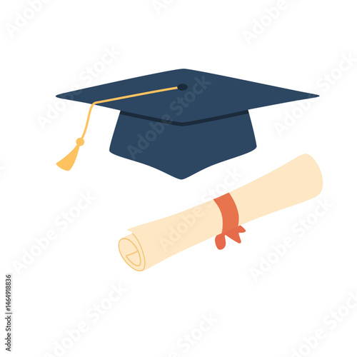 Vector illustration of a graduation cap and a rolled diploma. University diploma. Successful education. Cartoon illustration. 