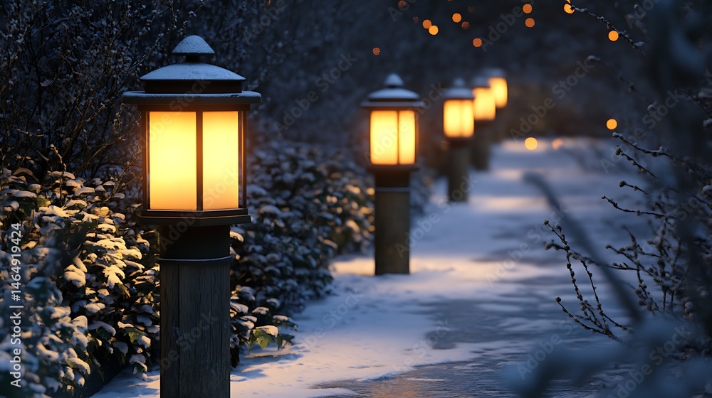 Illuminated lanterns on a snow covered path at night Illuminated lanterns on a snow covered path at night