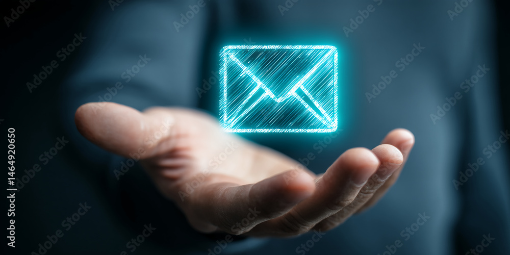 Hand holding glowing email icon, symbolizing digital communication, connection, and online messaging