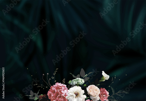 Elegant fall dark frame, arranged leaves and flowers. Pink garden rose, white peony, hydrangea, ranunculus, calla lily, dried fern vector design. Masterpiece style. Autumn card. Isolated and editable