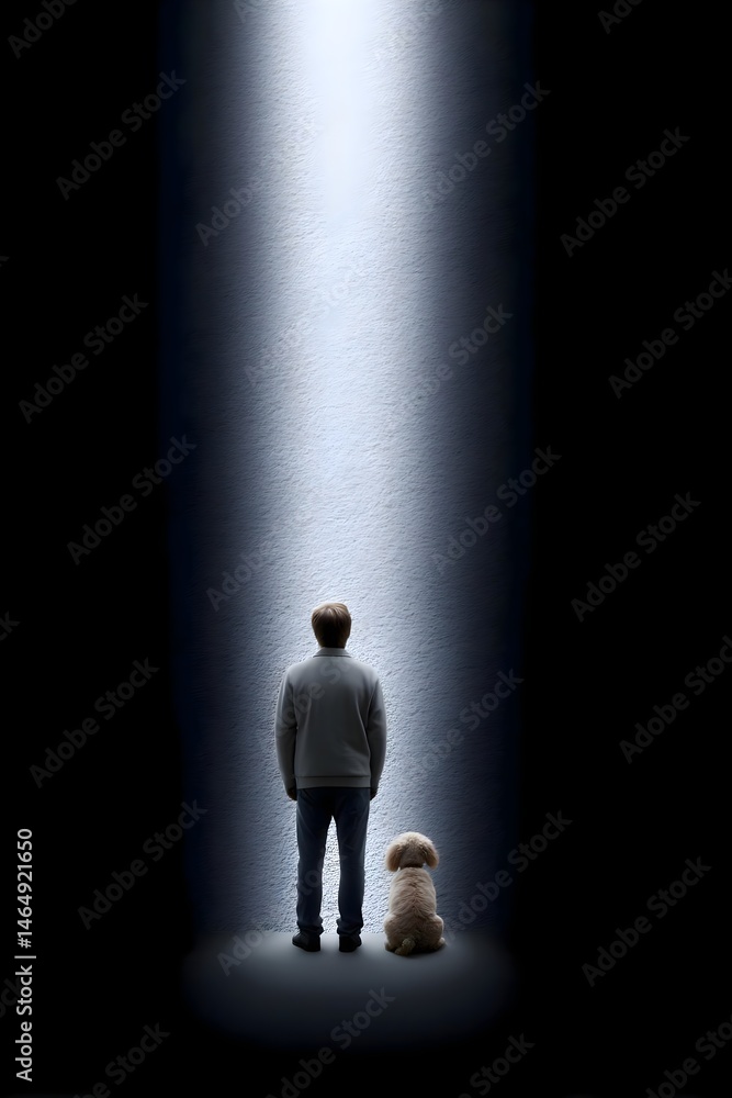 Fototapeta premium Person and dog standing in a beam of light