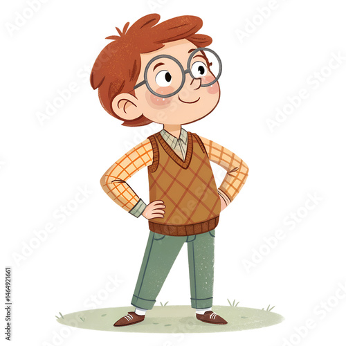 Cute Cartoon Nerdy Boy with Red Hair and Round Glasses Holding Book on Transparent Background