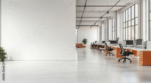 Fototapeta Naklejka Na Ścianę i Meble -  Minimalist office interior with blank wall for poster mockup and bright open workspace featuring modern furniture and natural light
