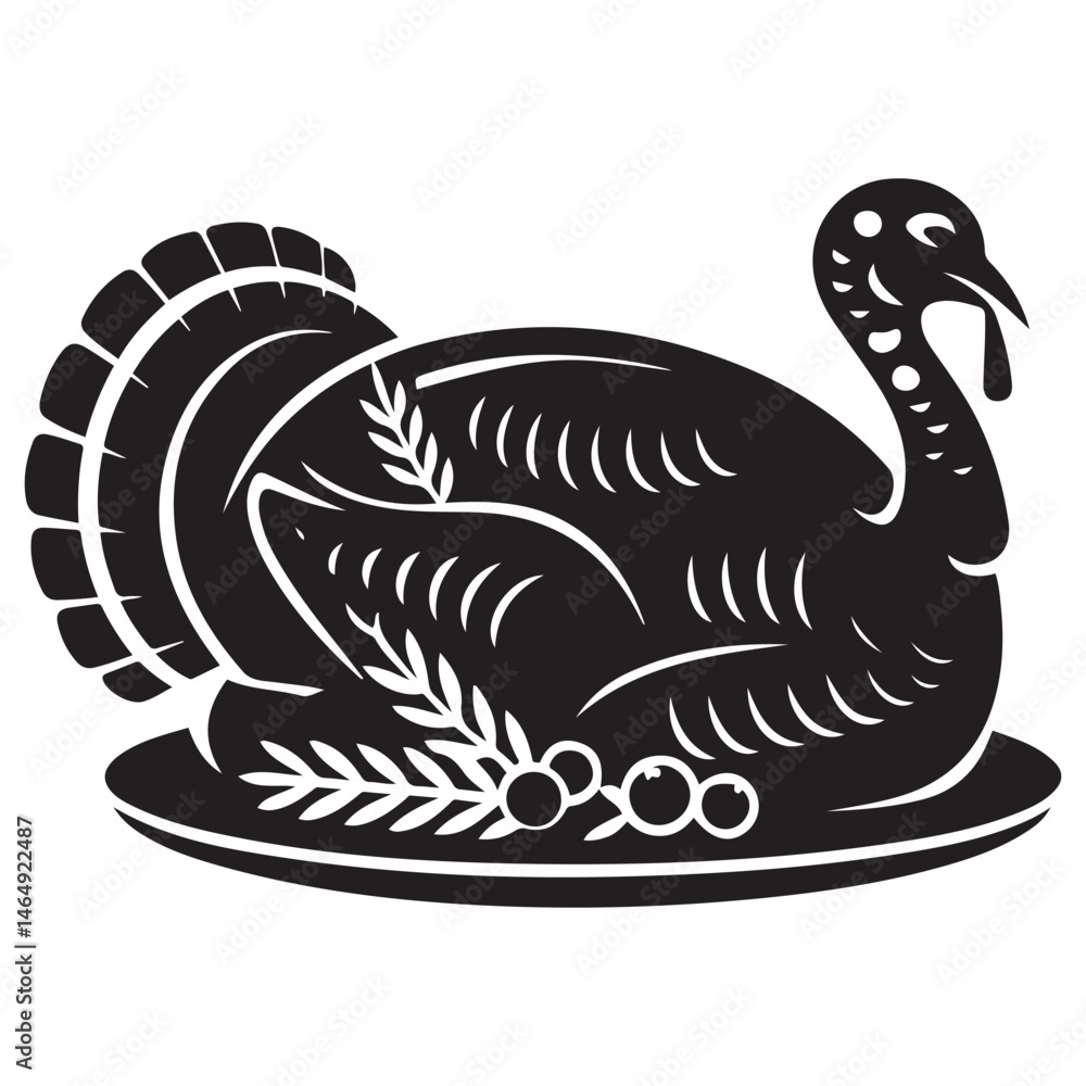 Obraz premium Roasted turkey garnish, drawn in transparent, representing a festive dinner concept. Vector Black silhouette. with white background
