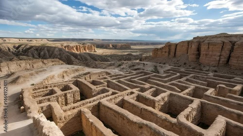 An ancient labyrinthine structure made of stone sits in a rugged, arid desert landscape under a partly cloudy sky.