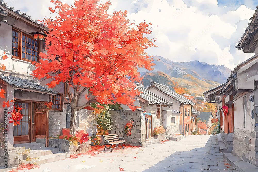 Obraz premium Autumn street scene featuring traditional buildings a vibrant red tree and a distant mountain backdrop.