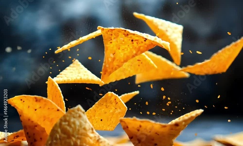 Dynamic food still life, golden tortilla chips in vibrant mid-air suspension