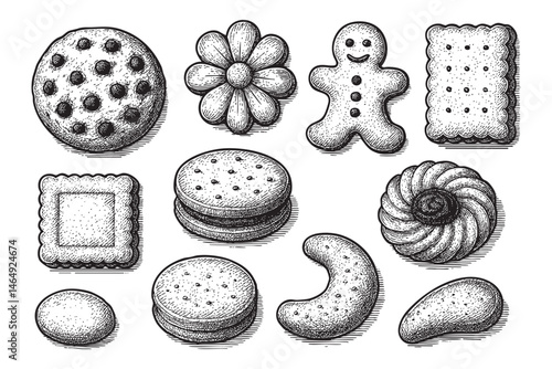 cookies set woodcut engraving vector illustration