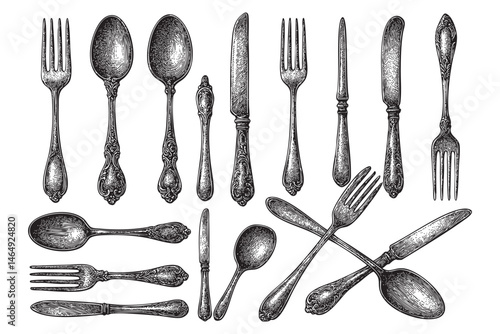 Fork Spoon Knife set woodcut engraving vector illustration