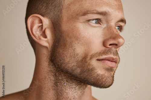 Close-up portrait of young caucasian male with beard and blue eyes