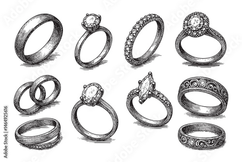 wedding rings set woodcut engraving vector illustration