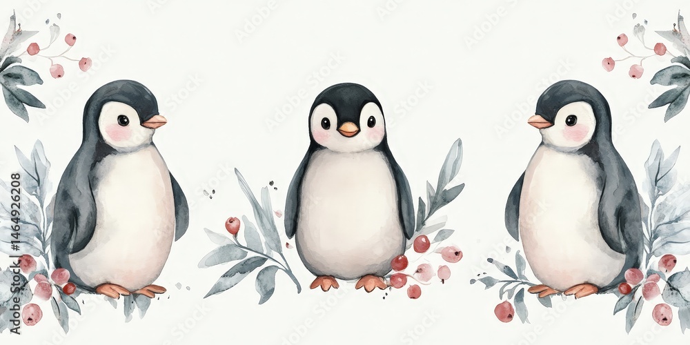 Whimsical watercolor pattern featuring penguins, berries, and leaves Whimsical watercolor pattern featuring penguins, berries, and leaves
