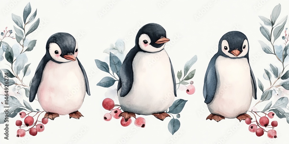 Fototapeta premium Whimsical watercolor pattern featuring penguins, berries, and leaves