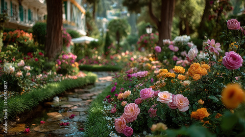 Wallpaper Mural Vibrant flowers in garden create picturesque scene, with colorful roses and lush greenery lining pathway, inviting tranquility and beauty Torontodigital.ca