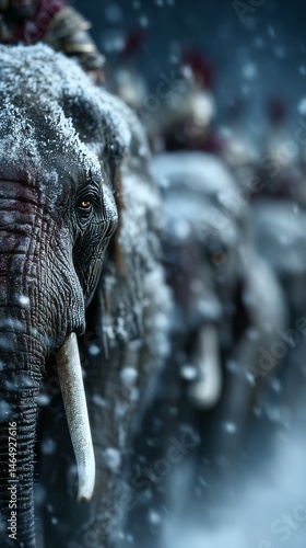 War elephants in snowy alpine landscape alongside Carthaginian soldiers navigating a fierce storm