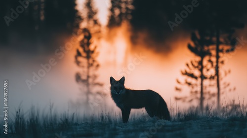 Majestic Red Fox Silhouette at Sunrise in Misty Forest Wildlife