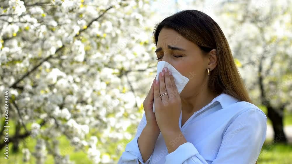 Woman hand holding a tissue near their nose, showing signs of spring allergies with a backdrop of blooming flowers
Woman hand holding a tissue near their nose, showing signs of spring allergies with a backdrop of blooming flowers
