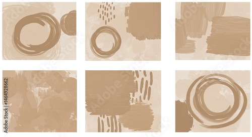 Abstract Brushstrokes Set: A collection of six minimalist abstract art designs, featuring various combinations of hand-drawn circles, squares, and lines in shades of brown.