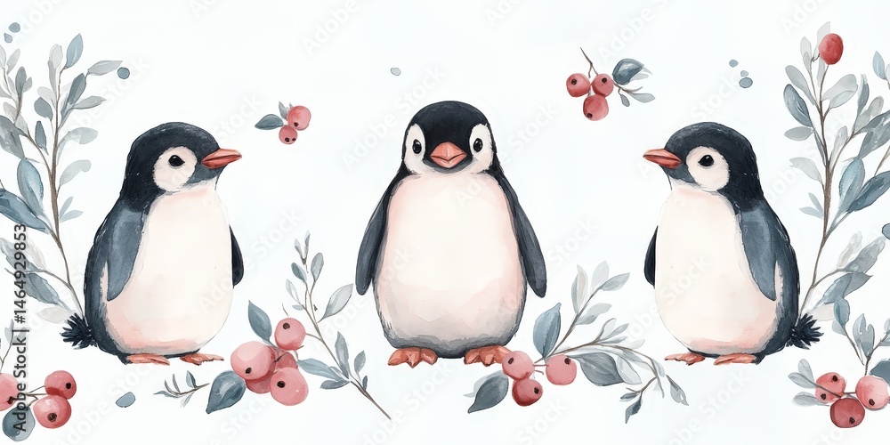 Fototapeta premium Whimsical watercolor pattern featuring penguins, berries, and leaves
