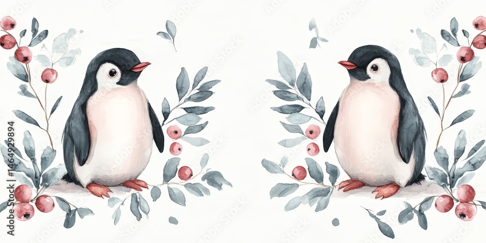 Obraz premium Whimsical watercolor pattern featuring penguins, berries, and leaves