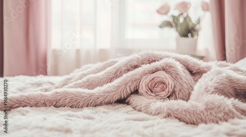 Soft pink fluffy blanket and delicate rose on bed closeup view