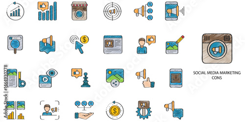 Social Media Marketing simple concept 24 hand drawn color icons set. Contains such blogging, digital marketing, social media marketing, marketing funnel .Vector illustration.