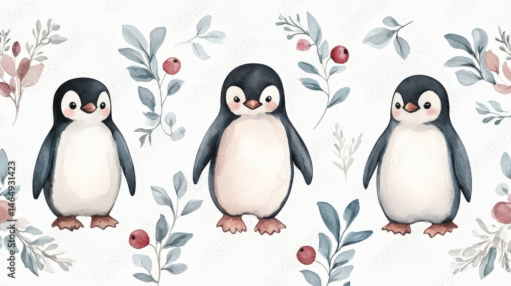Obraz premium Whimsical watercolor pattern featuring penguins, berries, and leaves