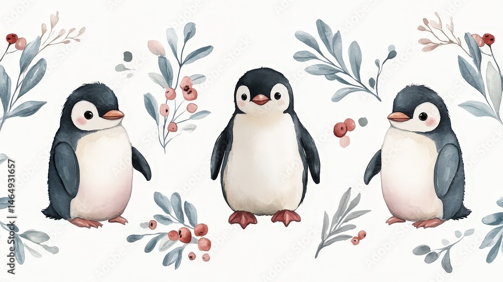 Obraz premium Whimsical watercolor pattern featuring penguins, berries, and leaves