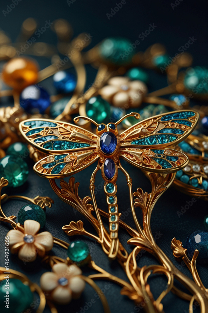 Fototapeta premium Luxury jewelry Art Nouveau Characterized by flowing lines and natural forms, this style often incorporates motifs like dragonflies and flowers, using materials such as enamel and semi-precious stones