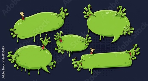Pixel Art Green Slime Monsters Speech Bubbles Set