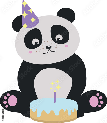 Cartoon Panda with Birthday Cake. Kawaii panda vector illustration.
