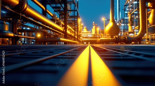 Industrial landscape showcasing illuminated pipelines and structures at twilight, highlighting technology