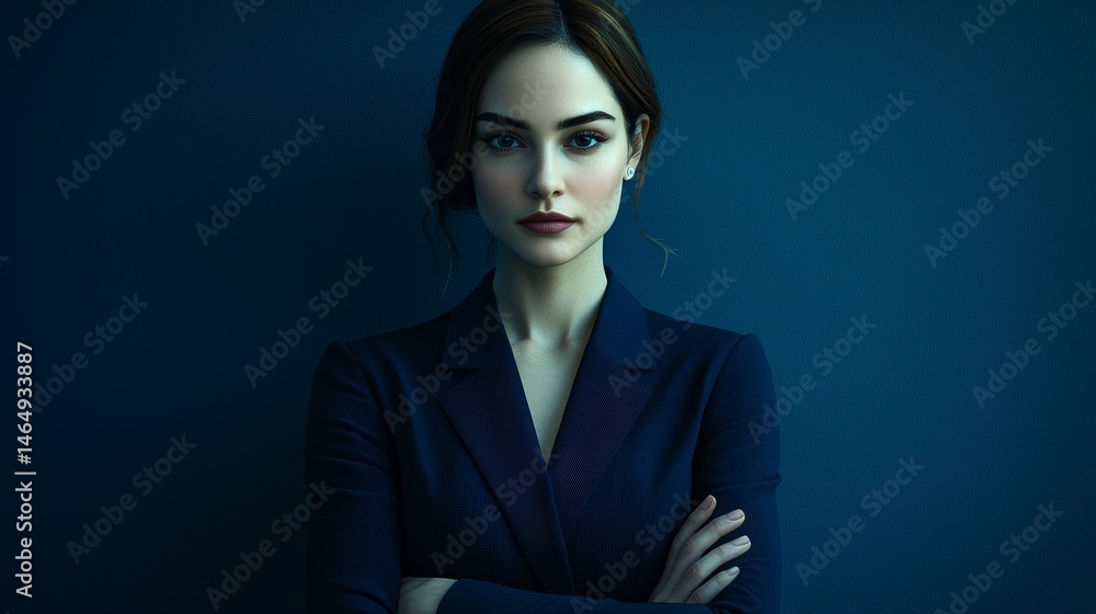 Confident Businesswoman with Serious Expression in Stylish Blue Suit Against Dark Background Confident Businesswoman with Serious Expression in Stylish Blue Suit Against Dark Background