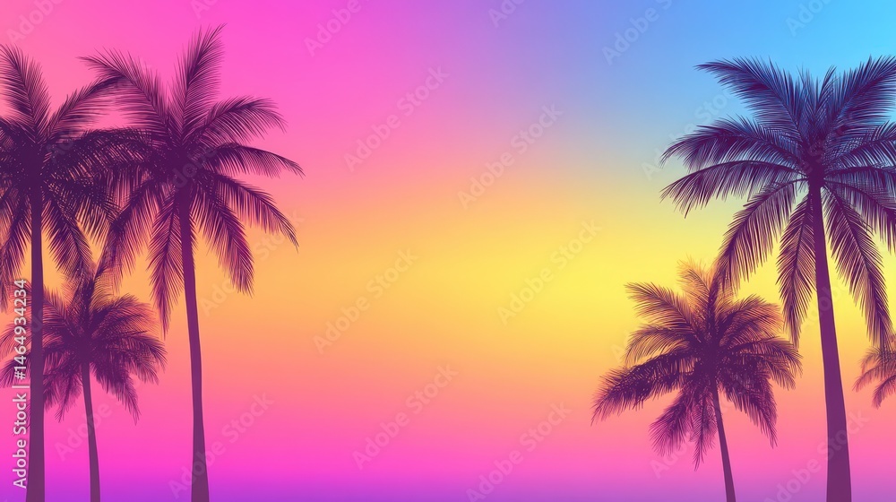 Vibrant sunset over a tropical beach with silhouetted palm trees against a colorful sky Vibrant sunset over a tropical beach with silhouetted palm trees against a colorful sky