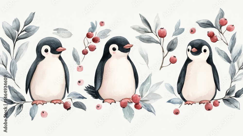 Naklejka premium Whimsical watercolor pattern featuring penguins, berries, and leaves