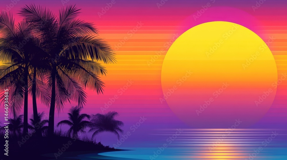 Vibrant sunset over a tropical beach with palm trees silhouetted against colorful sky Vibrant sunset over a tropical beach with palm trees silhouetted against colorful sky