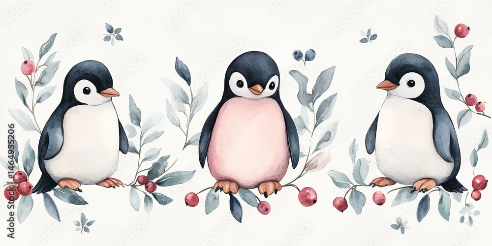 Fototapeta premium Whimsical watercolor pattern featuring penguins, berries, and leaves