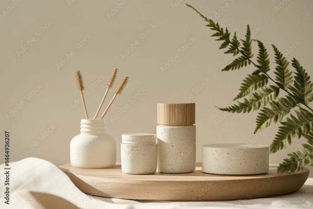 Minimalist scene with jars brushes and a fern on a wooden surface top view Minimalist scene with jars brushes and a fern on a wooden surface top view