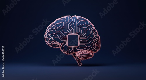 Stylized brain with circuit patterns and a central microchip on dark background.