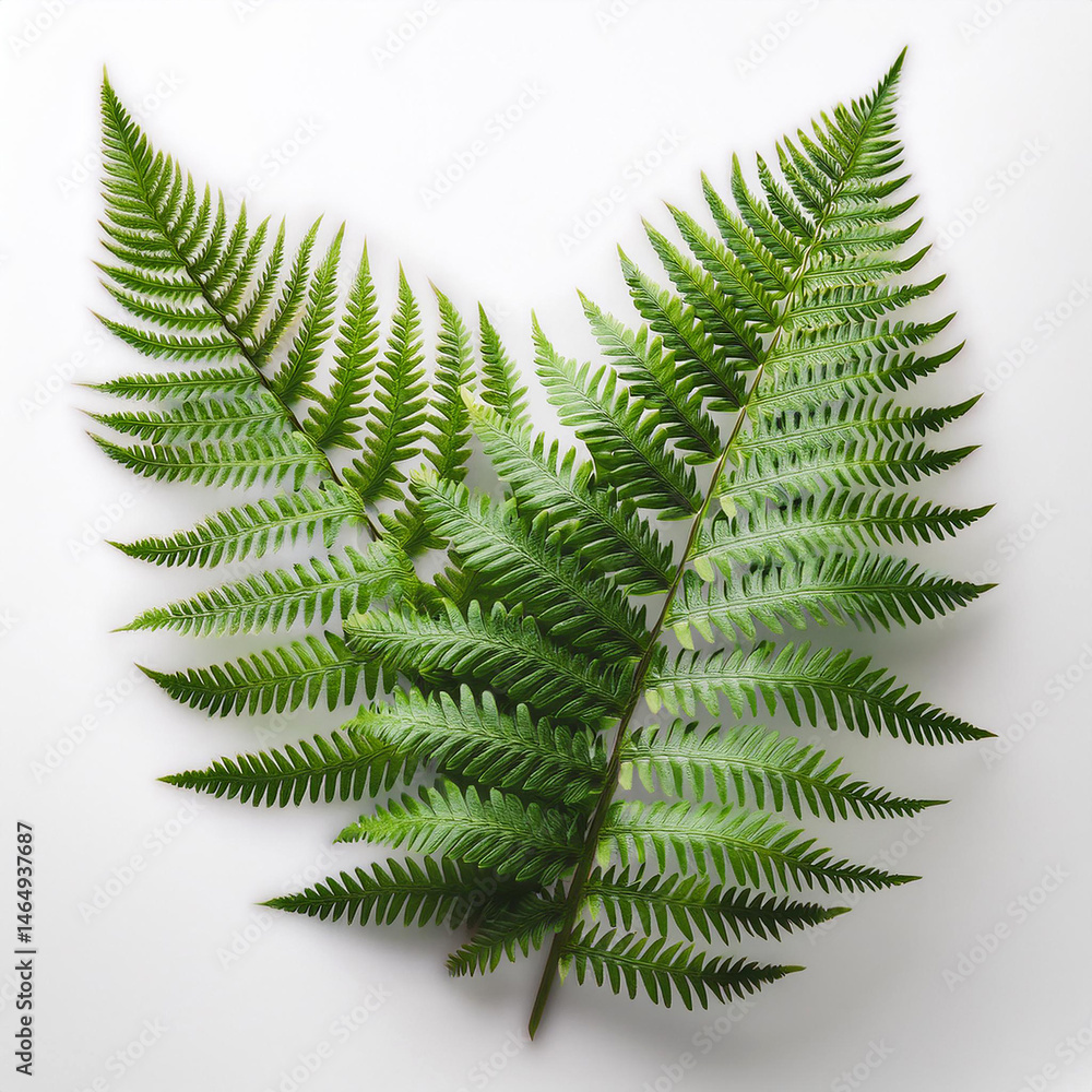 Arrangement of three vibrant green fern fronds against a clean white background. Botanical composition with natural, fresh foliage. Arrangement of three vibrant green fern fronds against a clean white background. Botanical composition with natural, fresh foliage.